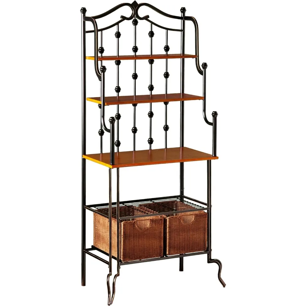 

"Black Metal Baker's Rack with Walnut Finish Shelves"