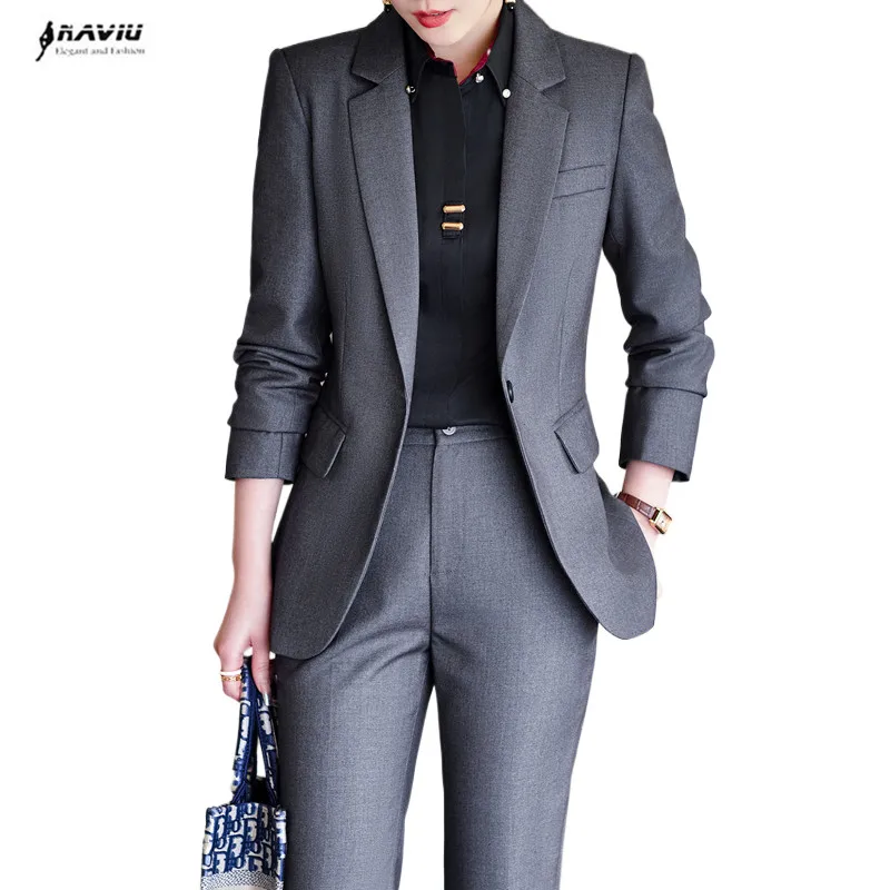 NAVIU Gray Suits Women New Autumn Winter Temperament Professional Formal Slim Blazer And Pants Sets Office Lady Work Wear Black