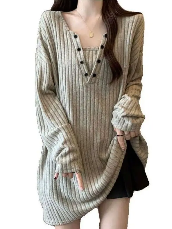 plus Size Lazy Casual Knitted Long Sve Women's Sweater Mid-Length V-Ne Pure Color Autumn Winter Faion Korean Sle