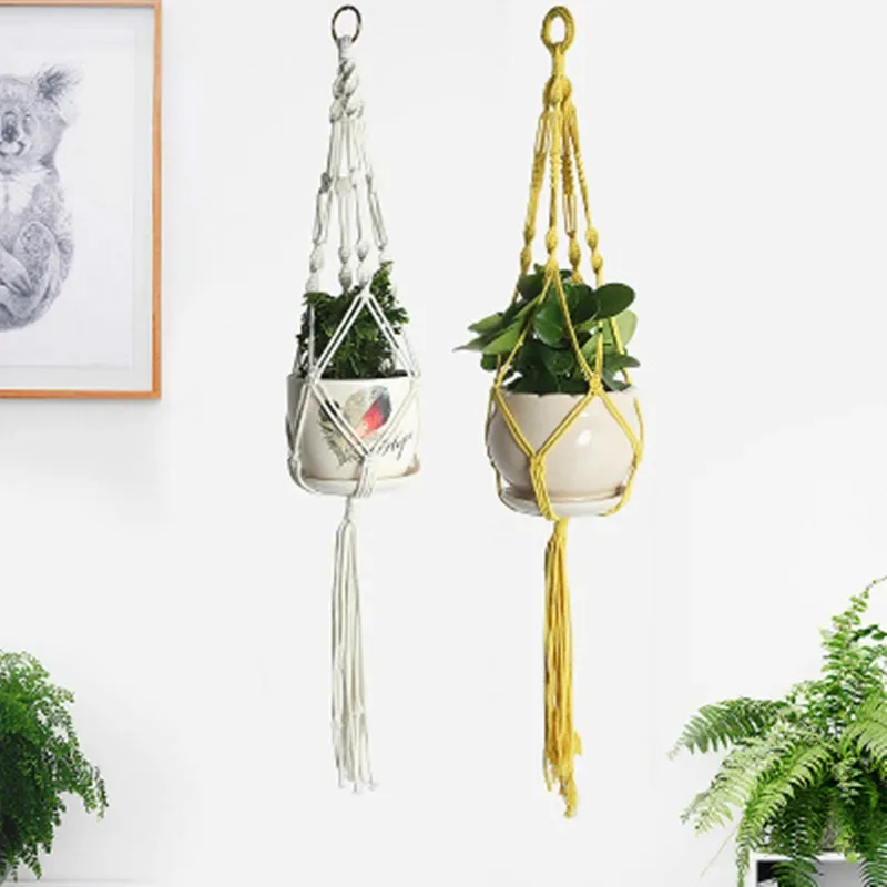 Yellow Macrame Plant Hanger Indoor Outdoor Hanging Flowerpot Hemp Cord Basket Holder