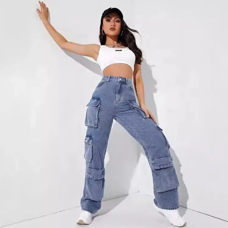 Trendy Retro Handsome Streetwear Women's Fashion Casual Jeans Flip Pocket Denim Cargo Pants High Waist Washed Hiphop Chic Jeans