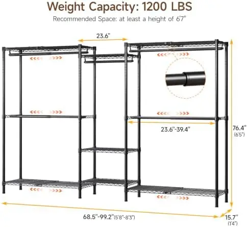 S3 Expandable Heavy Duty Clothes Rack, Freestanding Closet Organizer System | 5'8