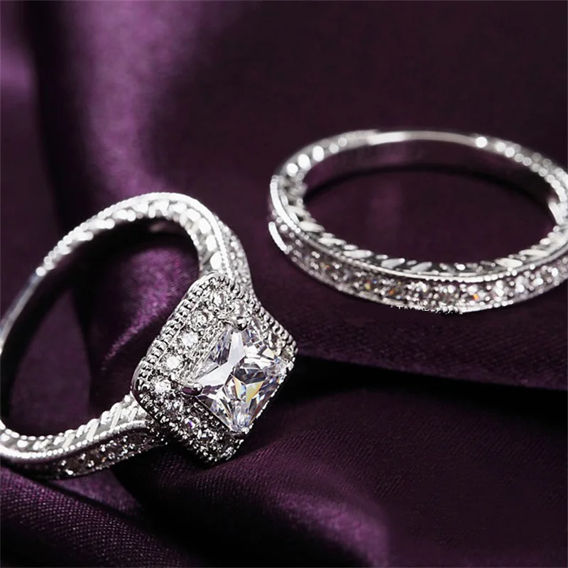 CC Bridal Sets Rings For Women 2pcs White Zirconia Square Stone Luxury Wedding Jewelry Engagement Accessories  Anillos CC1608