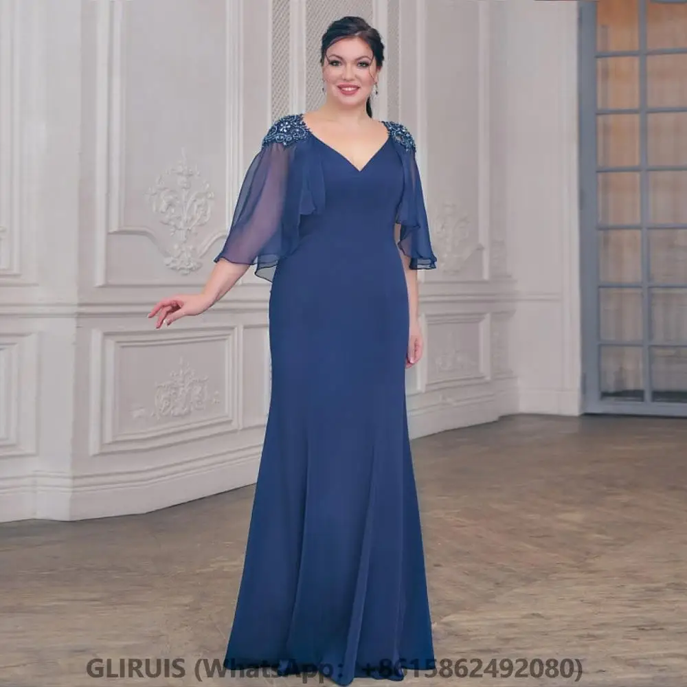 

Dark Royal Blue Mother of the Bride Dress for Wedding Luxury Mermaid Wedding Guest Dress with Wrap Beaded Evening Gown