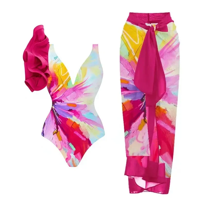 New slimming printed swimsuit one-piece   women's ruffled butterfly