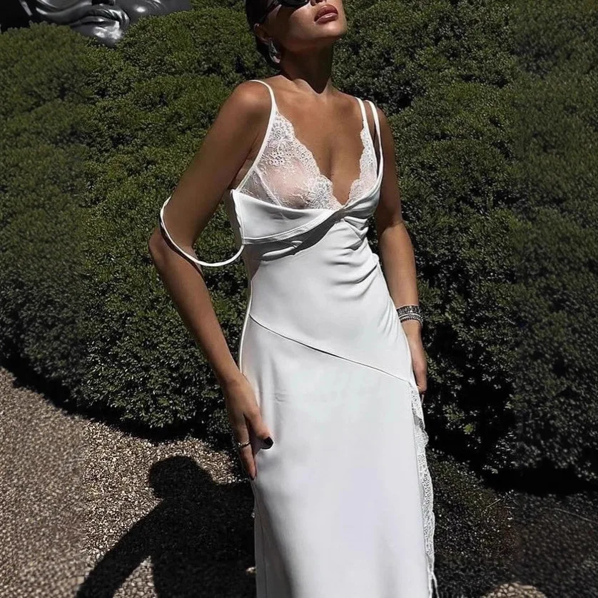 

Women's Summer Lace Trim Spaghetti Strap Maxi Dress Slit Bodycon Slim Fit Vacation Party Dress Y2K Hot Girl Pure Desire Dress