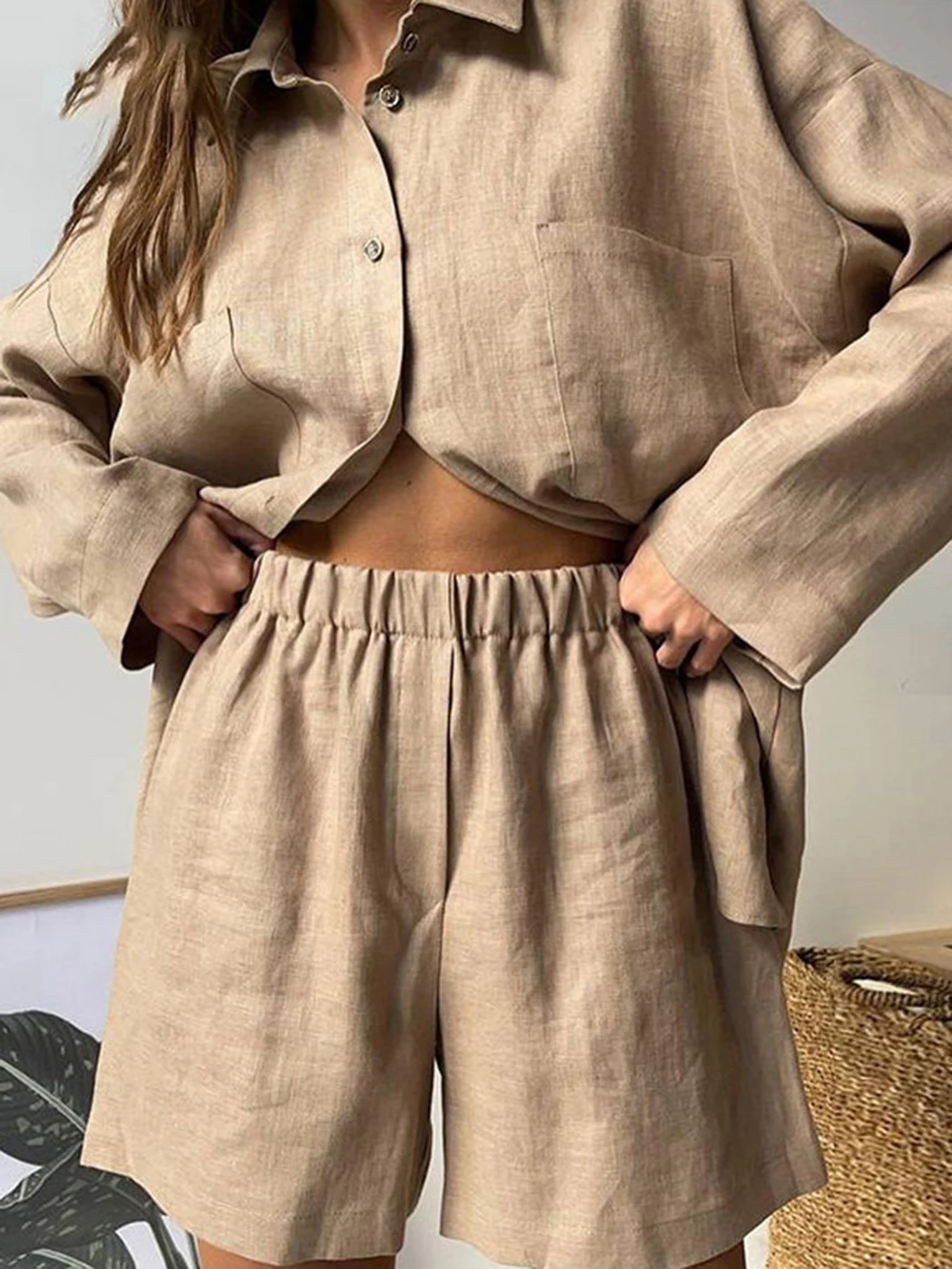 Fashion Casual Women Two Pieces Sets Autumn New Solid Long Sleeve Shirts + Elastic Waist Shorts Suits Loose Cotton Linen Outfits