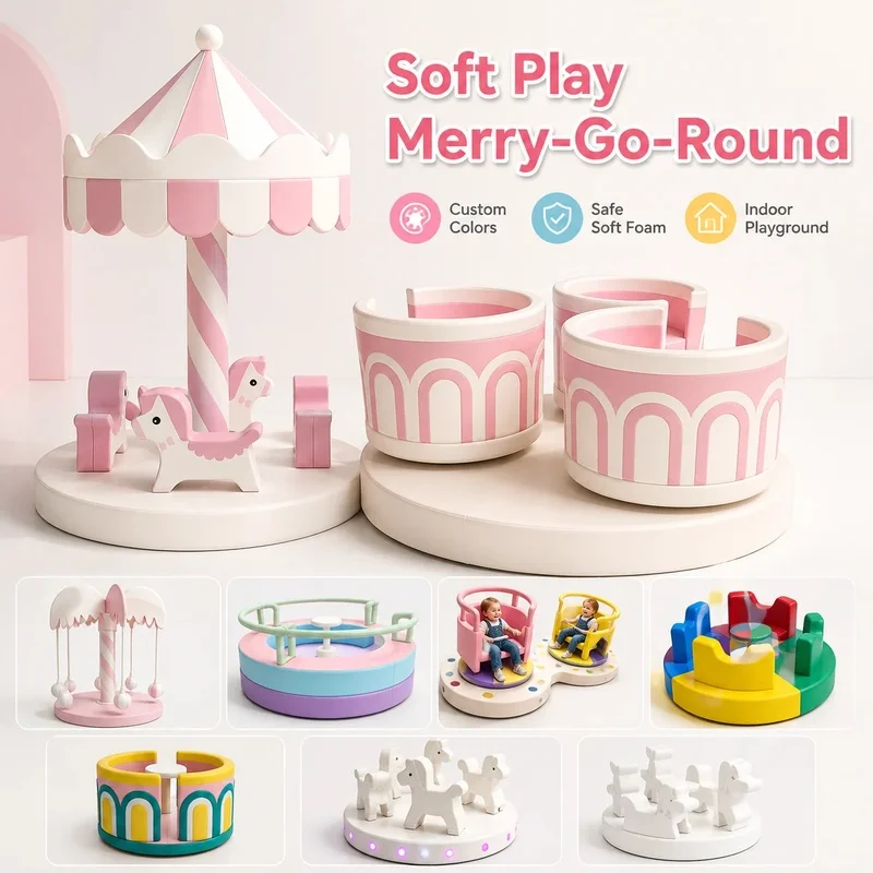 White Pink Merry Go Round Soft Play Carousel Teacup Indoor Outdoor Playground Sensory Gym Equipment for Kids Parties Event Hire