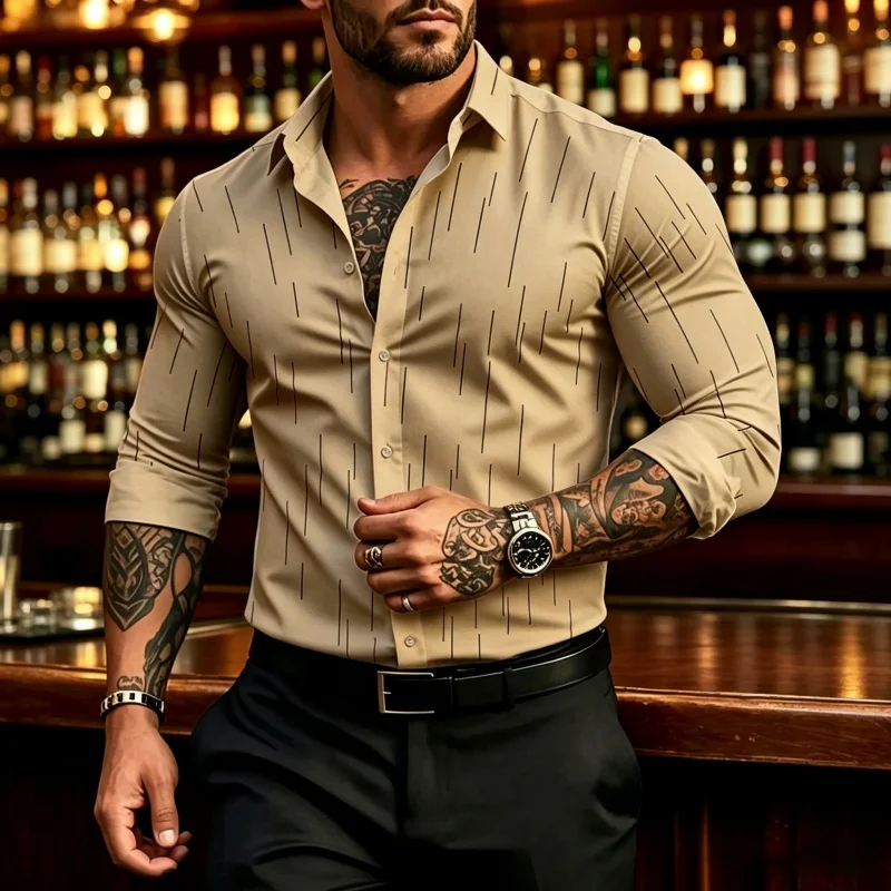 Men's Shirt Solid Color Fine Line Printed Long Sleeve Shirt Collar Cardigan Business Casual Large Men's Comfortable Fabric