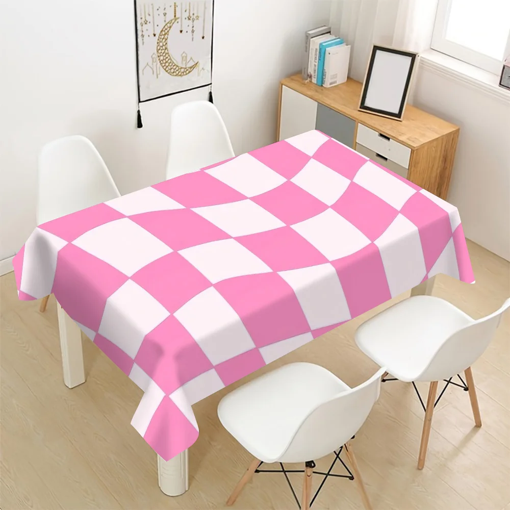 Pink and White Gingham Waterproof Tablecloth for Dining Room Picnic Outdoor Indoor Party Decor