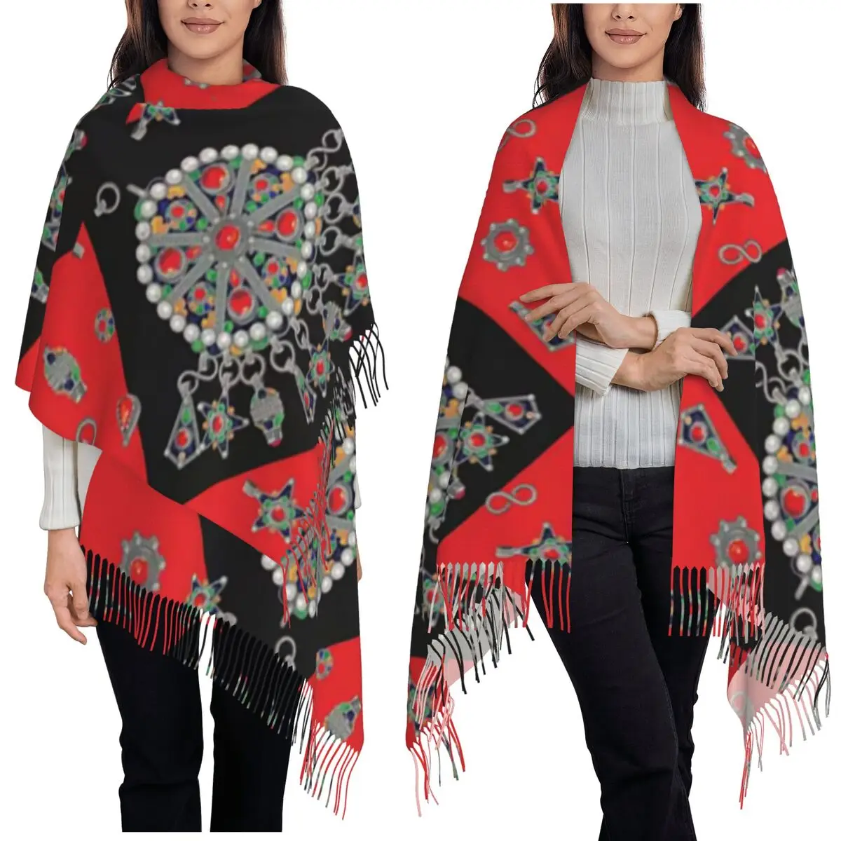 Kabyle Jewelry Amazigh Carpet Morocco Scarf Tassel Scarves for Women Soft Warm Shawls and Wraps Large Fall Winter Shawl Wrap