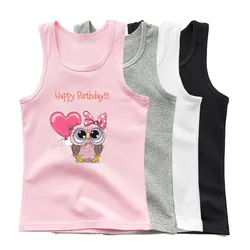 Girls Heart Owl Print Vest Kids Summer Birthday Tank Top Kids Sleeveless Cartoon T Shirt 3-14Year Children Party Clothes