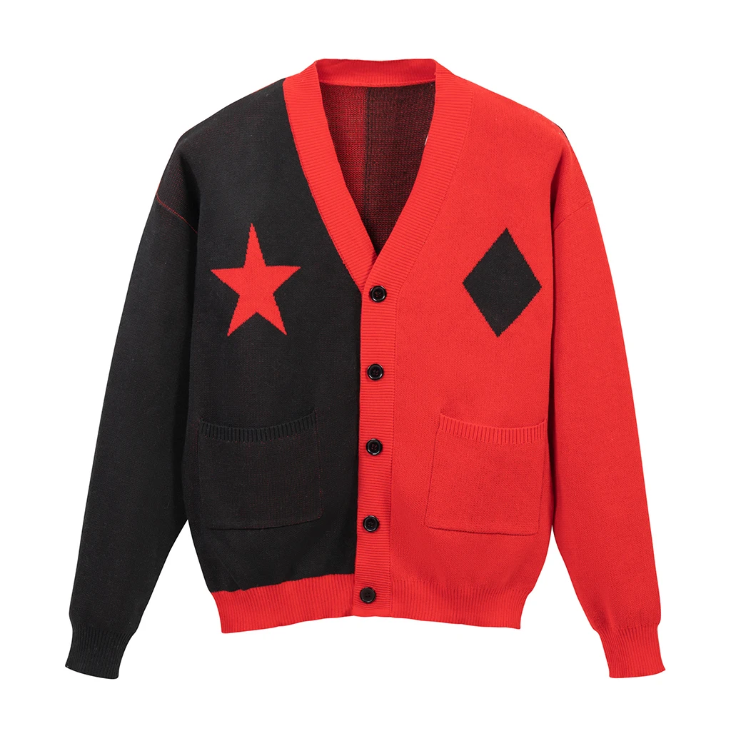 

Movie Harleey Cosplay Sweater Women Black Red Patchwork Knitted Cardigan Coat Halloween Carnival Superhero Fancy Knitwear Top