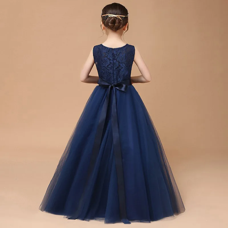 Es Yiiya-vestido de niña de flores personalizado, tul de encaje azul marino, cuello redondo, sin mangas, corte en A, cinturón con cremallera en la espalda, largo hasta el suelo, vestidos para niños