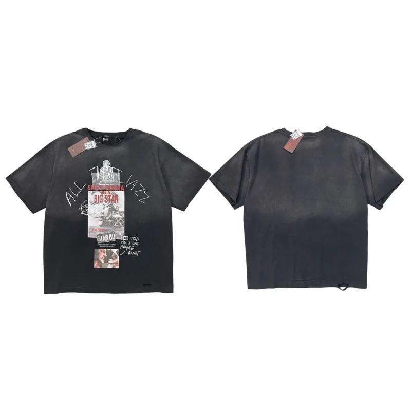 Vintage Washed Black T Shirt Men Paly Oversized Poster Print Distressed Grunge Streetwear Short Sleeve Tee
