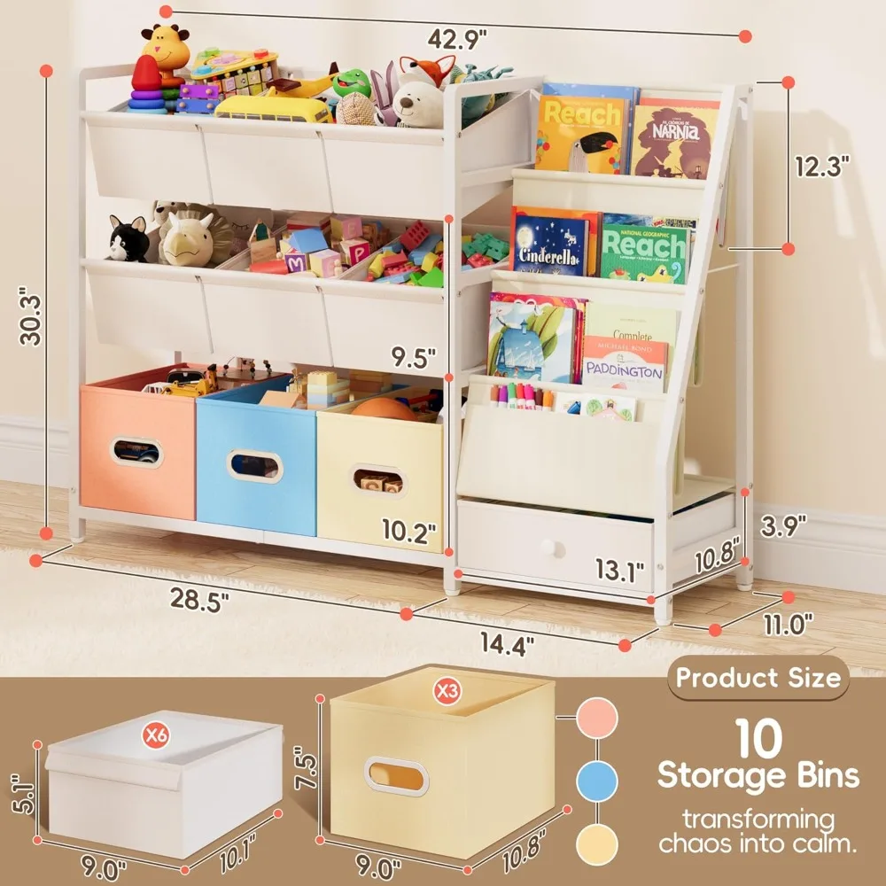 منظم كتب ولعبة للأطفال على طراز مونتيسوري مع 3 أرفف و10 صناديق لغرفة اللعب