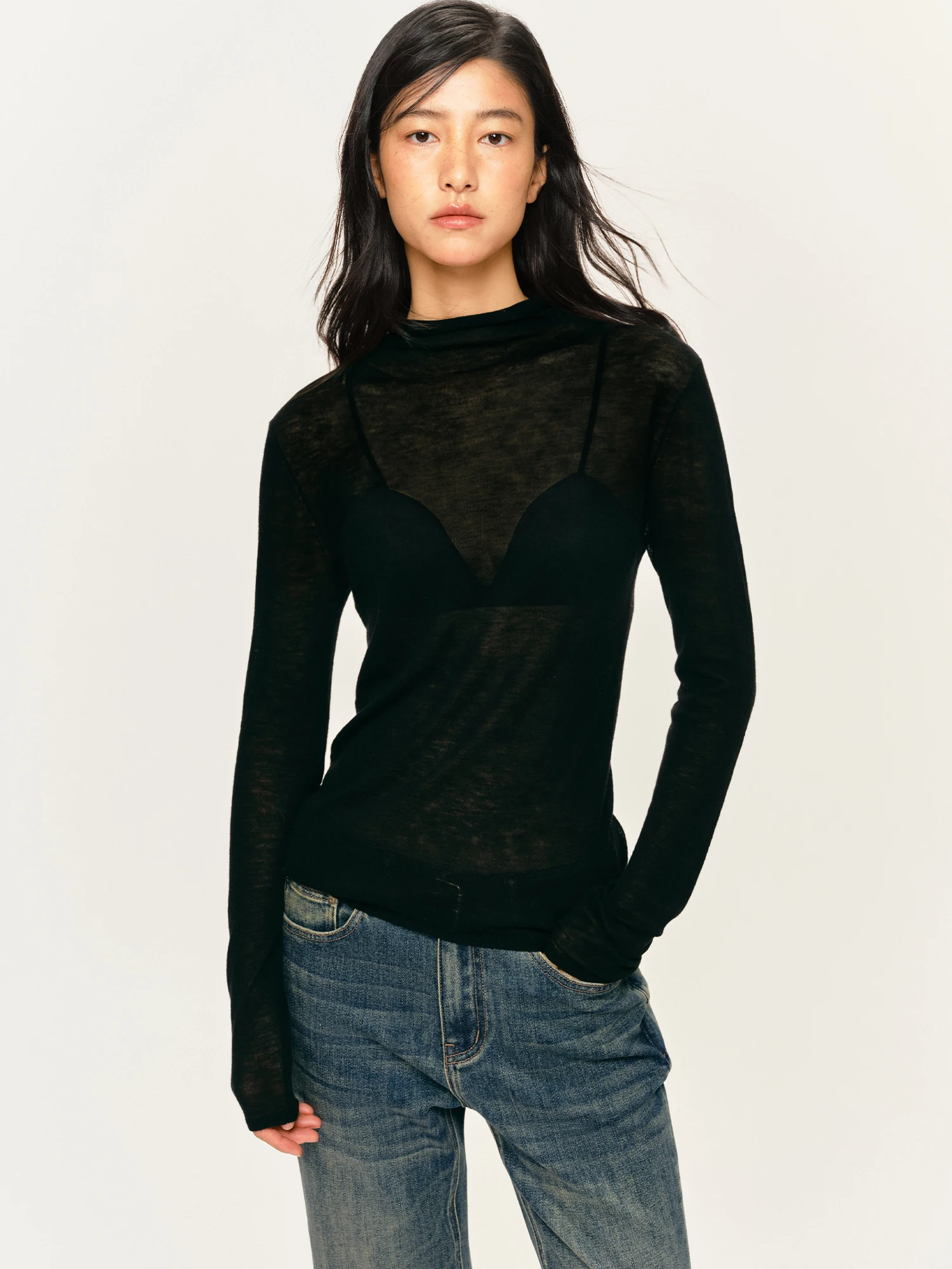 Ultra Soft 100% Wool High Neck Knitwear Base Layer Micro Transparent Inner Wear HaveRice Restaurant Casual Style Slim Fit Lon...
