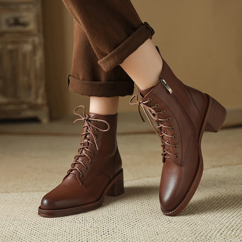 2023 New Autumn/Winter Genuine Leather Women Boots Pointed Toe Chunky Heels Boots for Women Short Boots Suqare Heel Ankle Boots