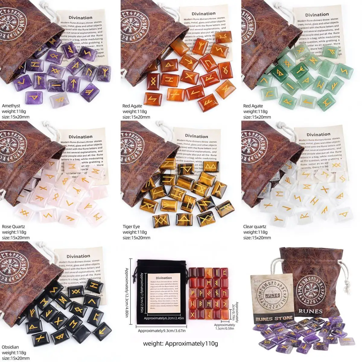 Square Rune Stones Set Engraved Viking Runes with Vintage Pouch Guide Card Divination Wicca Witchcraft Gemstone 25PCS/Bag