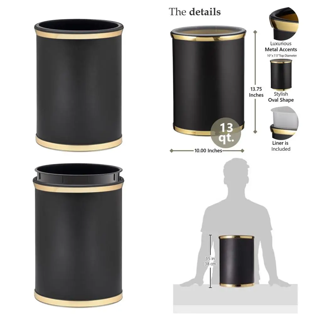 

Elegant Oval Waste Bin with Plastic Insert, Enhancing Style in Bathroom, Home, and Office, 13 Qt, Black & Gold Accents