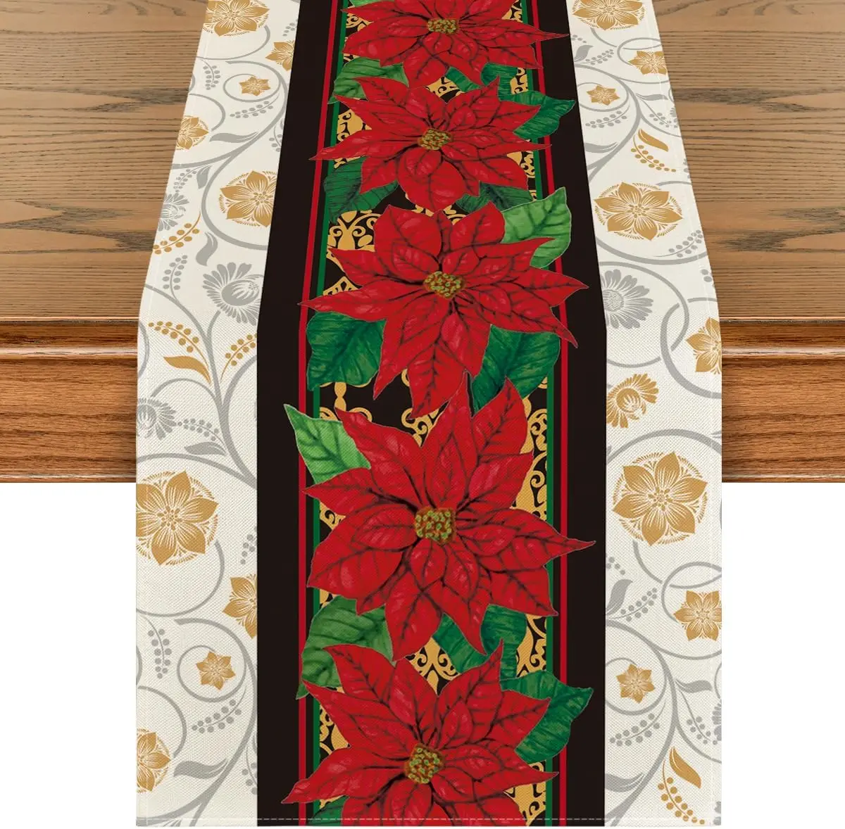 

Christmas Poinsettia Flower Linen Table Runner Party Decor Winter Xmas Holiday Kitchen Dining Table Runner Christmas Decorations