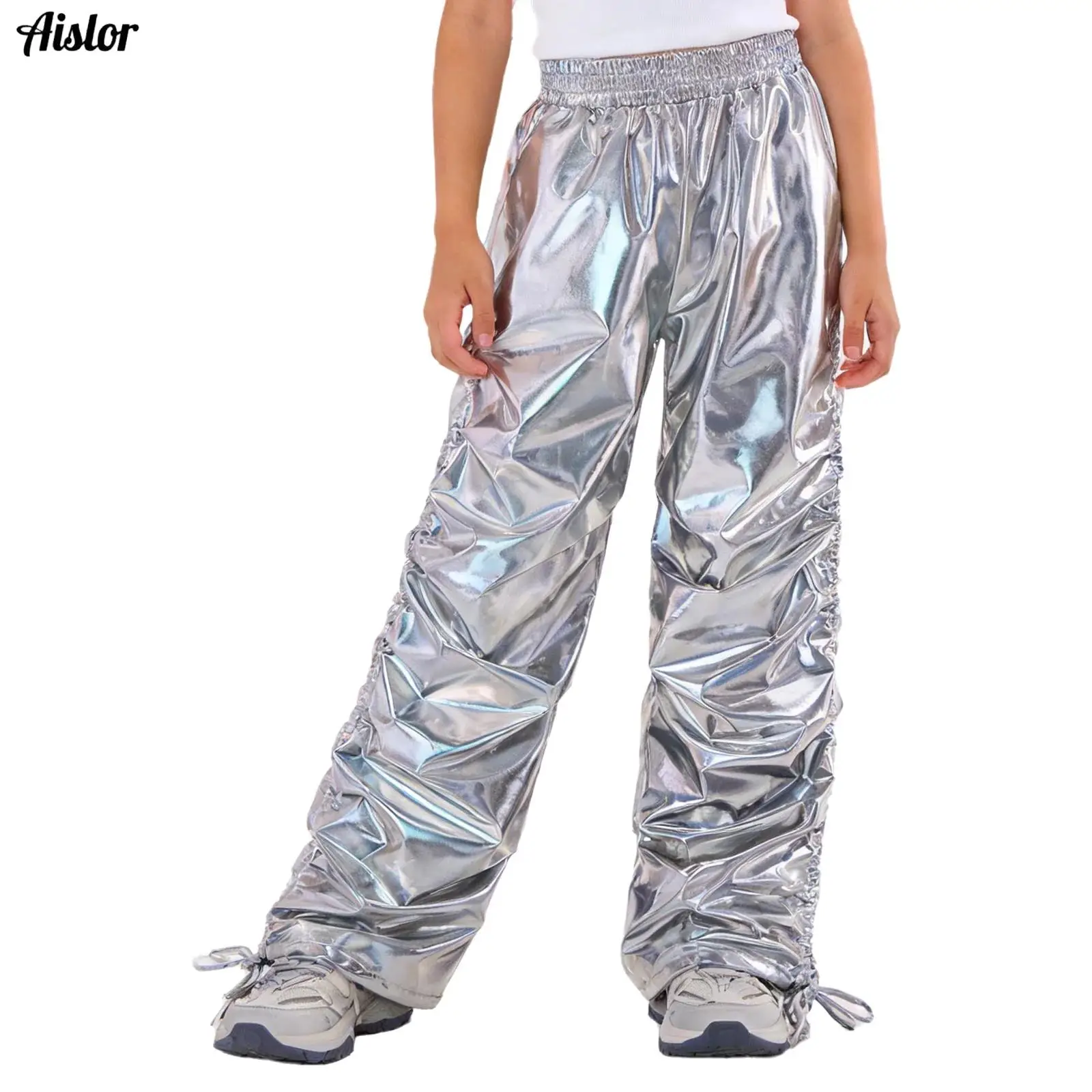 Kids Boys Girls Shiny Metallic Pants Joggers Sweatpants Jazz Hip-hop Dance Pants Street Dance Costumes Ruched Cargo Pants