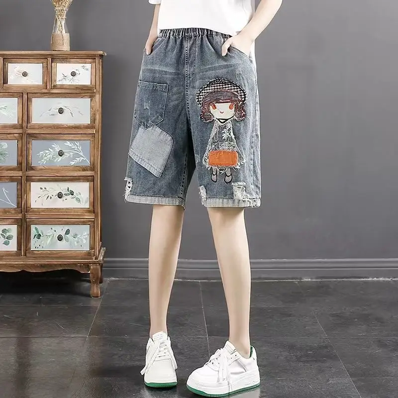 Shorts de mezclilla de cintura alta con efecto desgastado para niñas, pantalones cortos holgados con parches, pantalones de m...