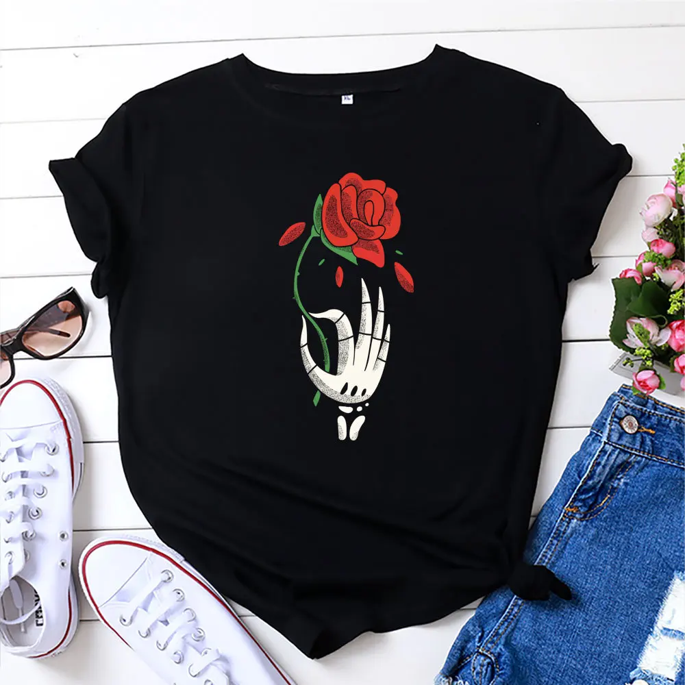 

Skeleton Hand Red Rose Print Women T Shirt Short Sleeve O Neck Loose Women Tshirt Ladies Tee Shirt Tops Camisetas Mujer