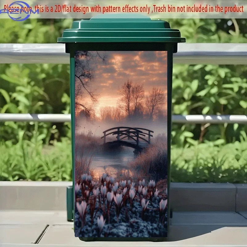 PC 2D Plane Self-Adhesive Trash Can Sticker, Misty Morning Small Bridge Flowers Blooming Decorative Sticker, Creative Trash Ca