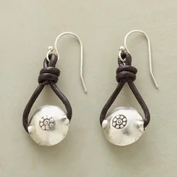 Vintage Silver Color Round Carving Pattern Earrings Ethnic Leather Wrapping Dangle Earrings for Women Jewelry