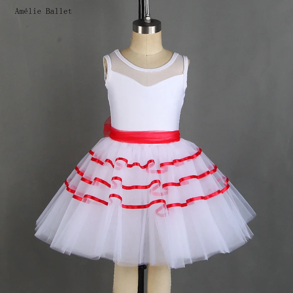 

21211 White Mesh and Spandex Leotard Bodice Attached Layers of White Tutu Skirt with Red Ribbon Trim Adult Child Ballet Costumes