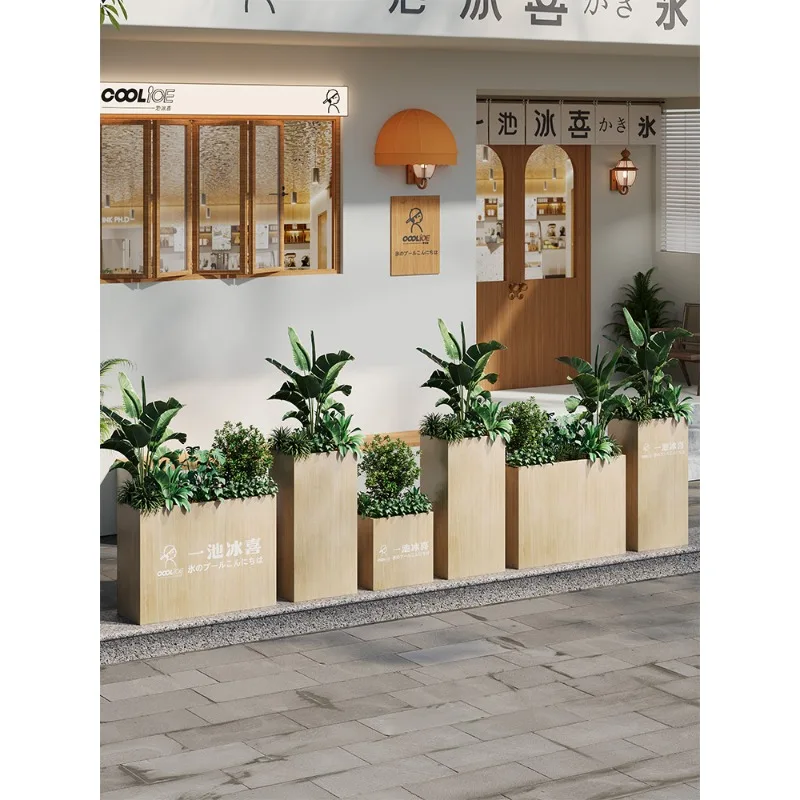 Imitation wood grain simple stainless steel flower box combination customization courtyard outdoor restaurant stainless steel pe