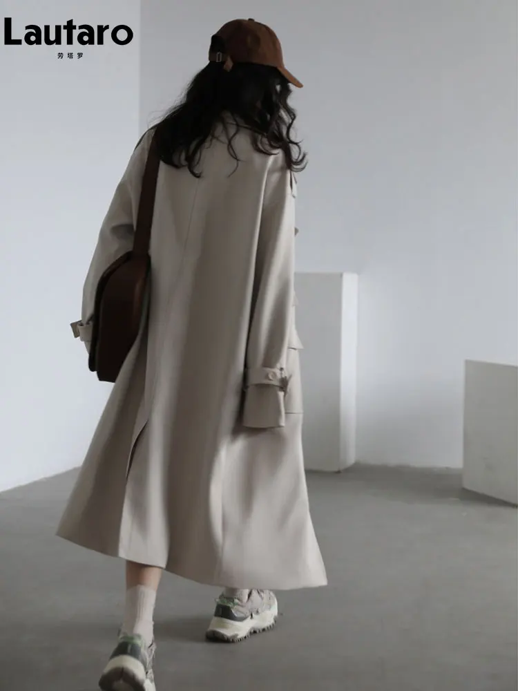 Lautaro Spring Autumn Long Patchwork Trench Coat for Women Elegant Chic Luxury Designer Fake 2 Pieces Clothes Runway Fashion view 6