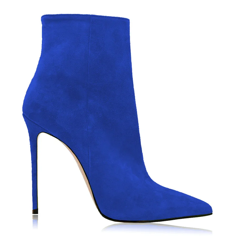 Arden Furtado 2025 Autumn Cow suede Pointed toe Thin heels Side zipper Super high heel Modern boots Extra large size Short boots