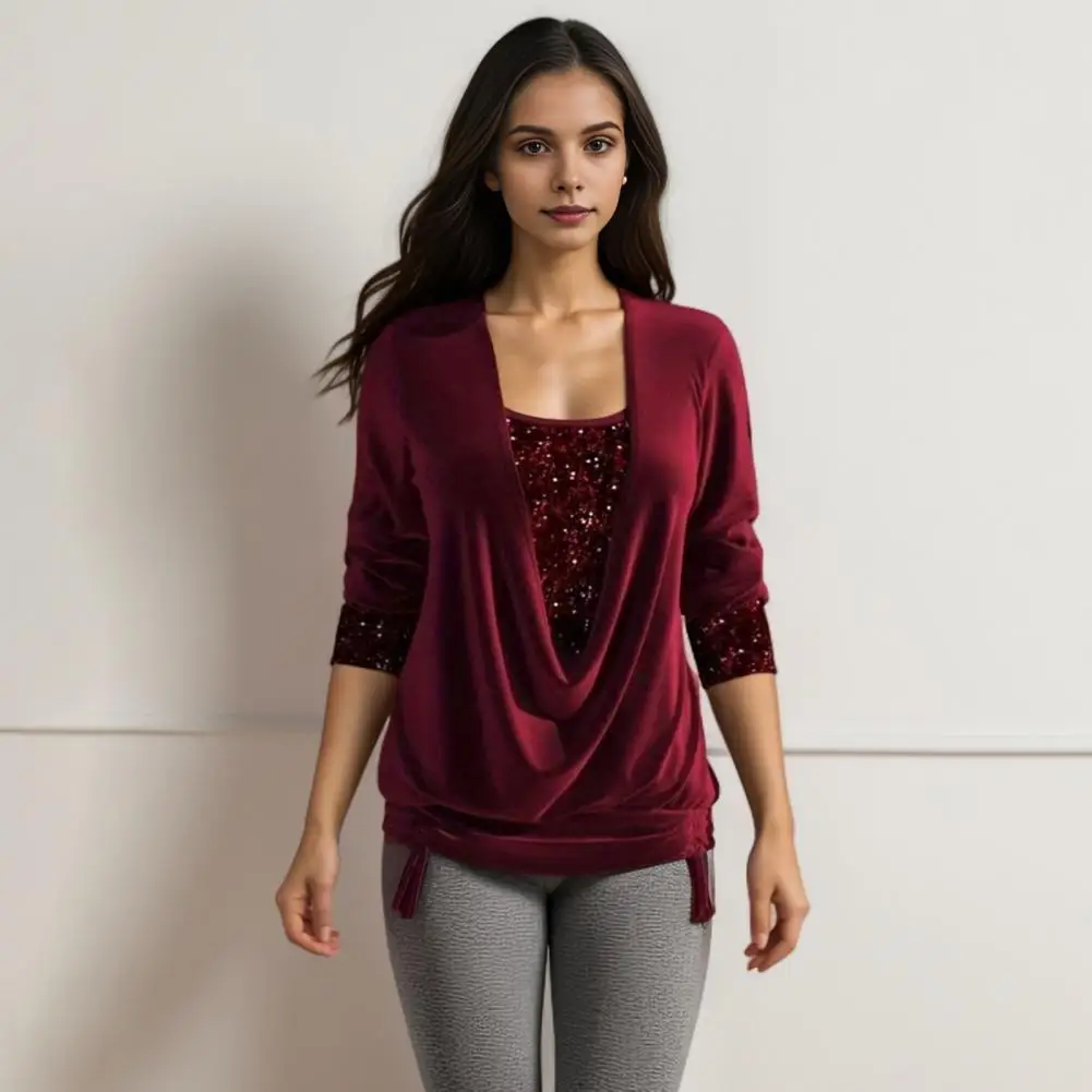 Blusa de terciopelo con cuello oscilante para mujer, Top elegante de manga larga con costura de lentejuelas, dobladillo con cordón, elegante