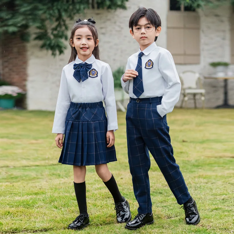 Kids British Plaid Vest Shirt Suit Pants Girls Waistcoat Blouse Skirts Children School Uniform Boys Korean Students Clothes Set