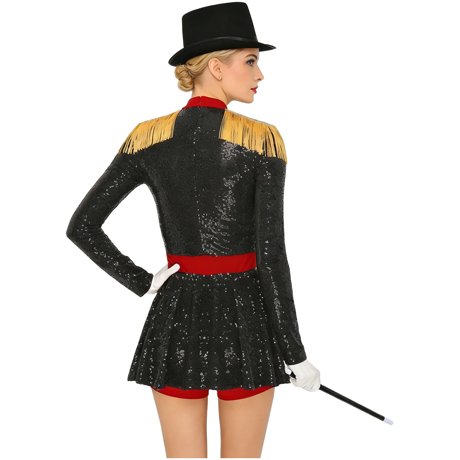 Halloween Magic Lions Tamer Women Ringmaster Circus Costume Long Sleeve Tassel Sequin Leotard Bodysuit And Hat Magic Wand Gloves
