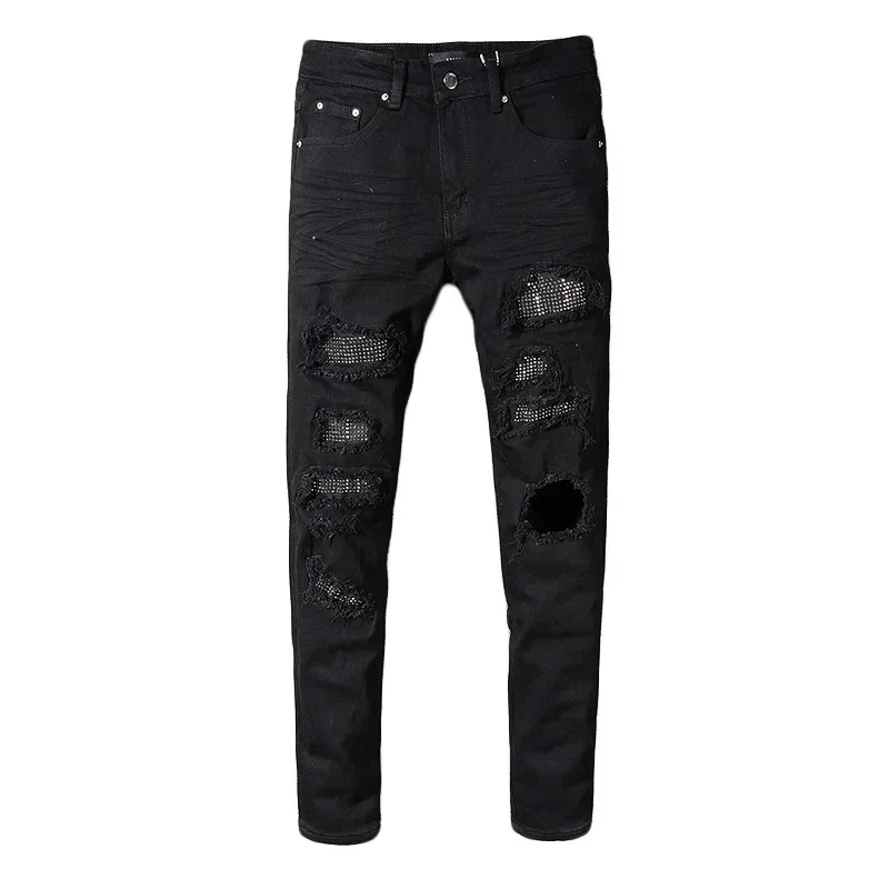 European and American Individuality High Street Fashion Trendy Men Jeans, Ripped Diamond-Studded Slim Fit Elastic Slimming Jeans view 3