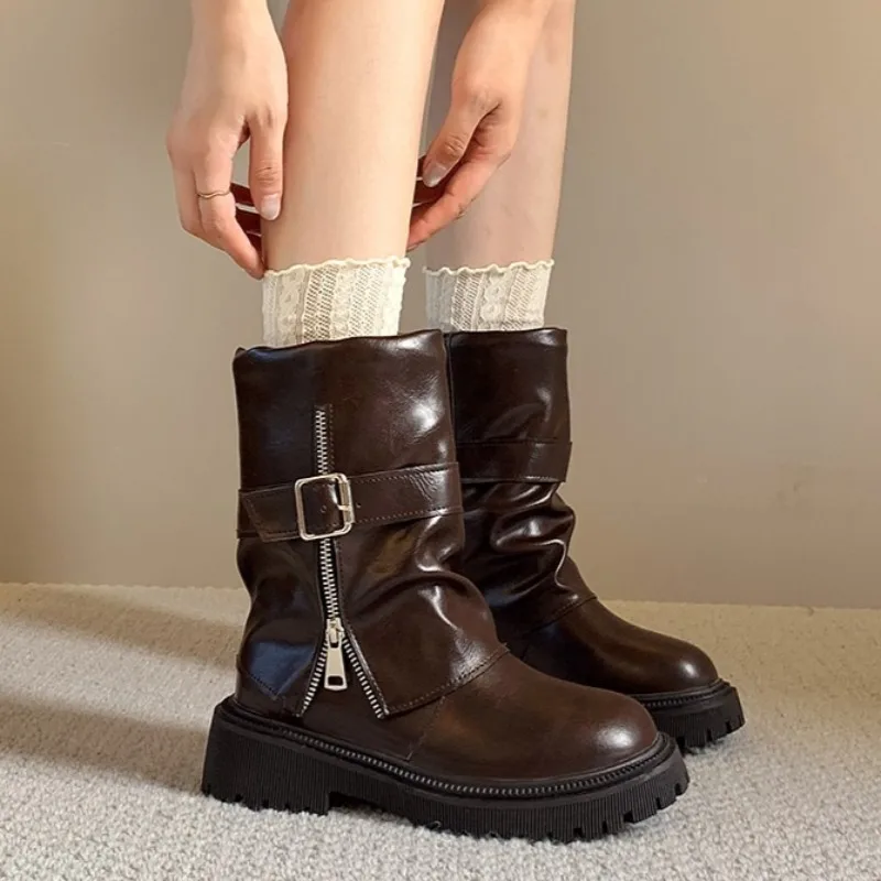 Fashion Metal Zipper Boots Ladies Concise Block Heel Biker Ankle Booties Winter Slip on Women Pants Tube Ankle Boots 2303