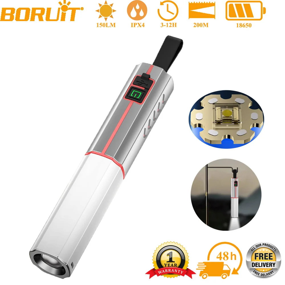 

BORUiT Multifunctional High Power LED Flashlight USB Rechargeable Telescopic Zoom Camping Flashlight With Hook Built-in Battery