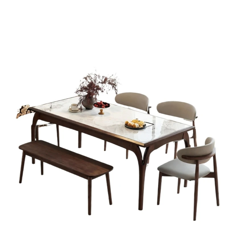 Bright rock slab solid wood dining table High-end walnut color Light luxury Modern simple household rectangular ash wood dining