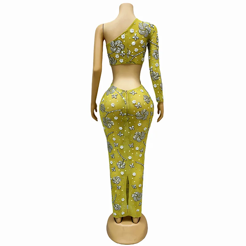 Summer Shoulder Long Sleeves Sexy Temperament Evening Dress Waist Design Sense Singer Performance Clothes Star Red Carpet 스팽글드레스