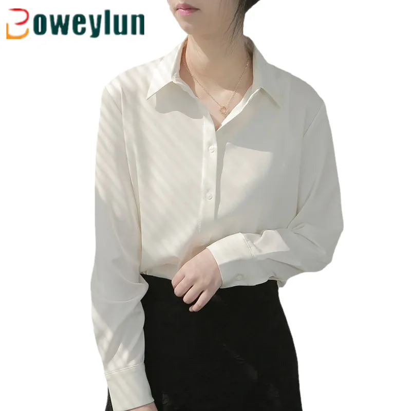 

Boweylun Satin Solid Color Long Sleeve Shirt Women Autumn New Casual Blouse Tops