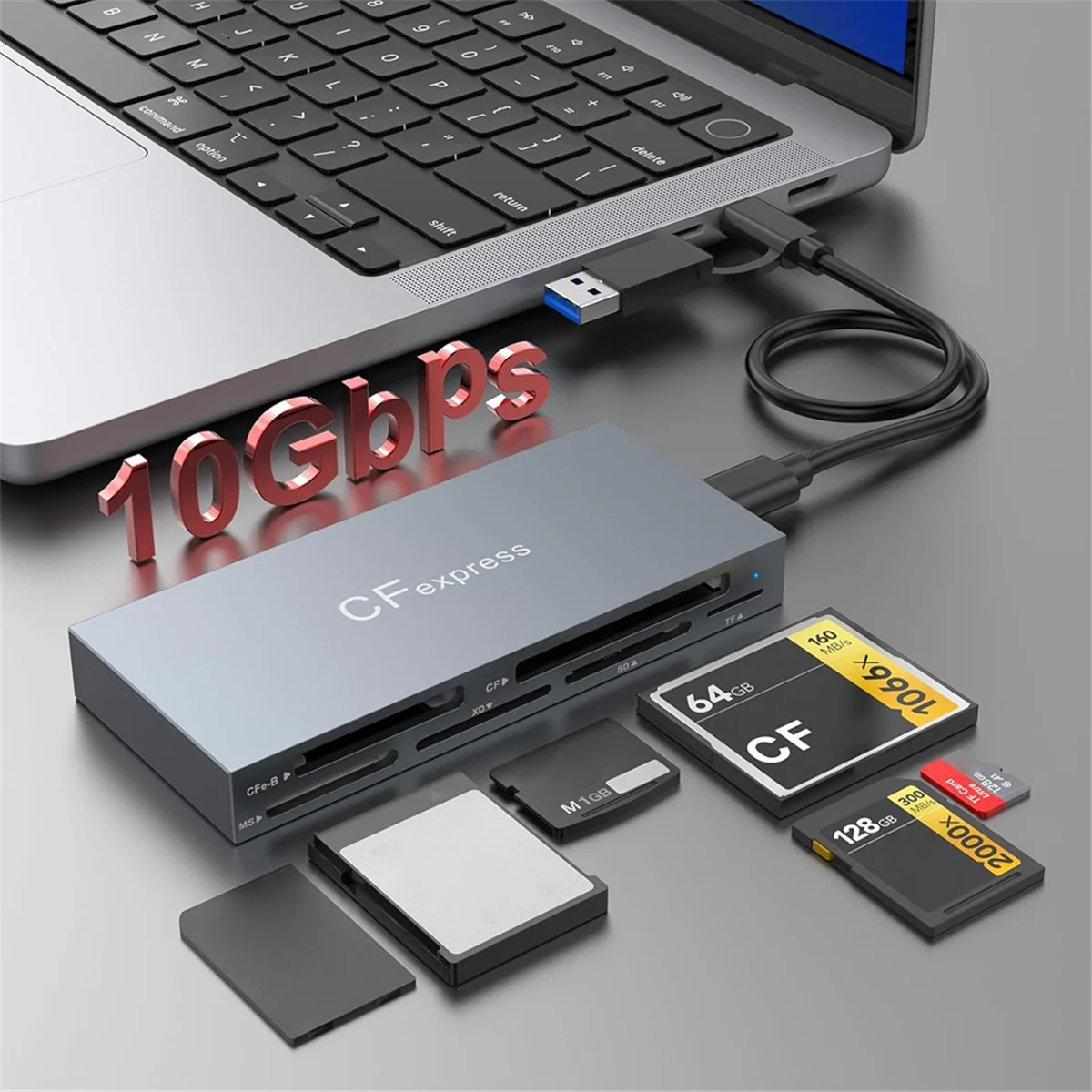قارئ بطاقات A26P 6 في 1 CFexpress من النوع B لذاكرة محول CFexpress من النوع B/SD/TF/CF/XD/MS، USB 3.2 Gen 2 10Gbps CFexpress