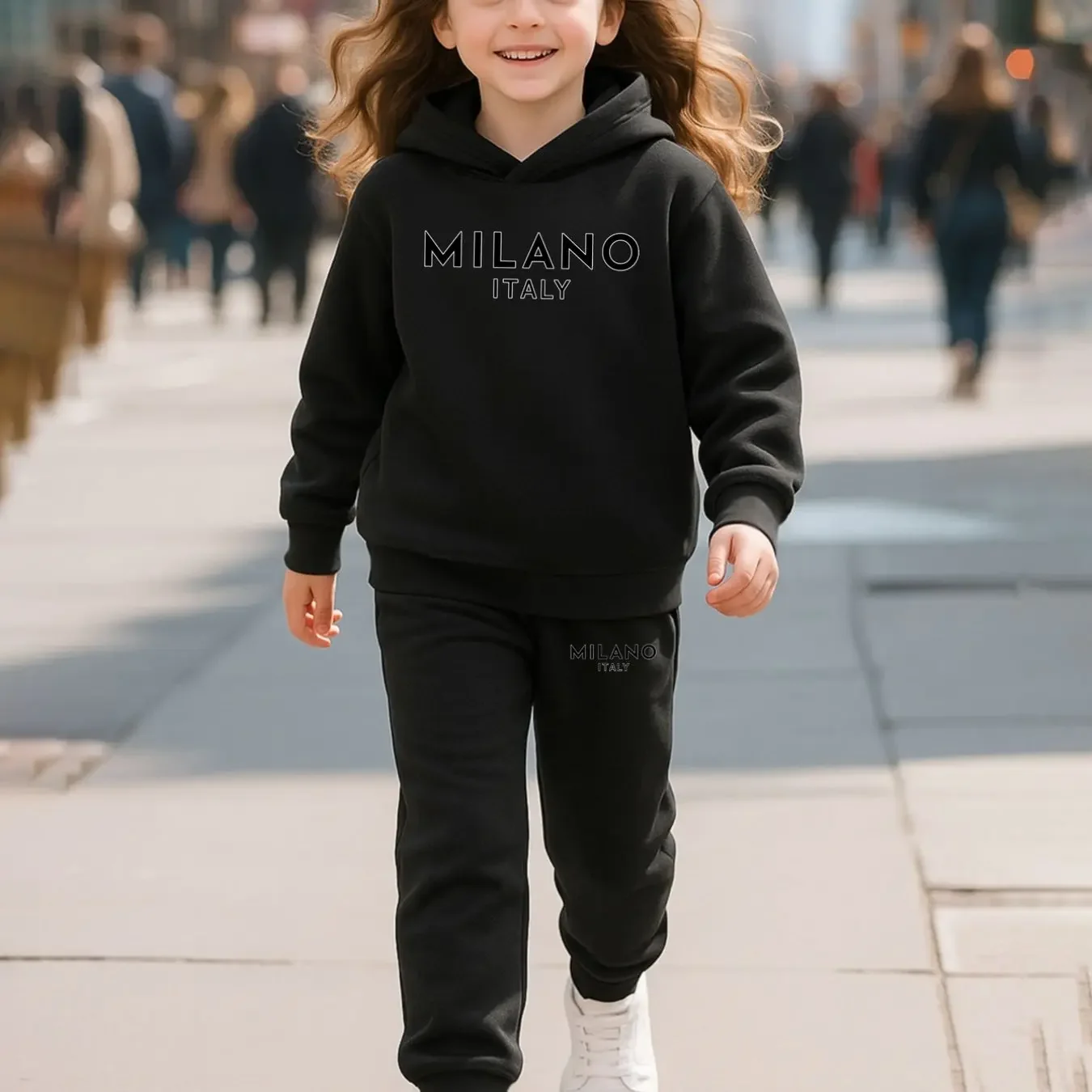 Fashionable Autumn And Winter Casual Sports Outfit for Girls Milan Italy Featuring a Print Long-Sleeve Fleece Hoodie