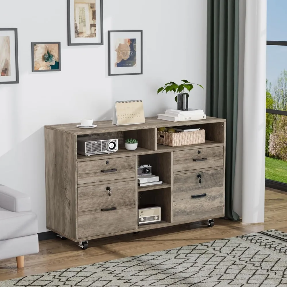 Шкаф для документов с 4 ящиками и замком, деревянный боковой шкаф для документов с открытыми полками, запираемые шкафы для документов для домашнего офиса