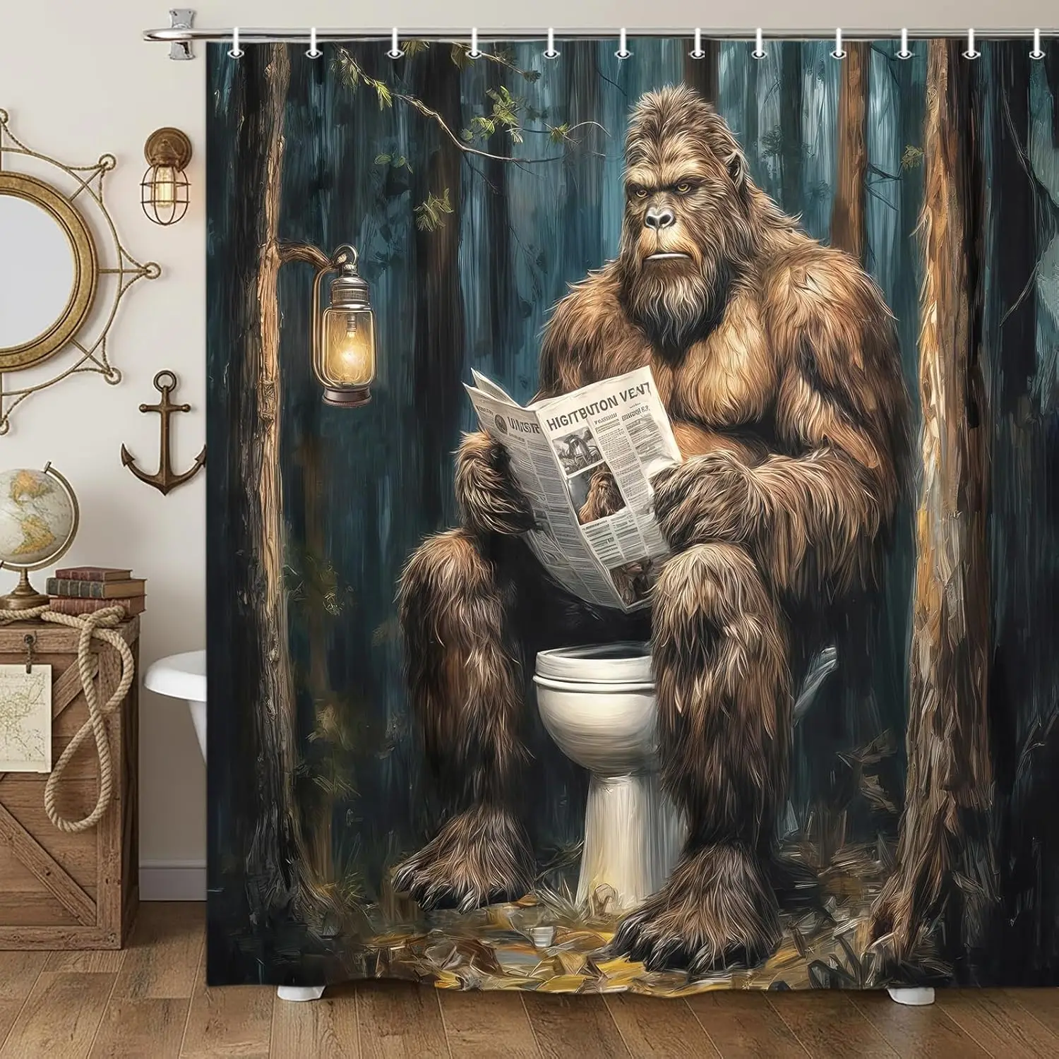 Funny Bigfoot Shower Curtain, Humorous Sasquatch Sitting on Toilet Reading Newspaper Shower Curtains, Rustic Forest Animal Print