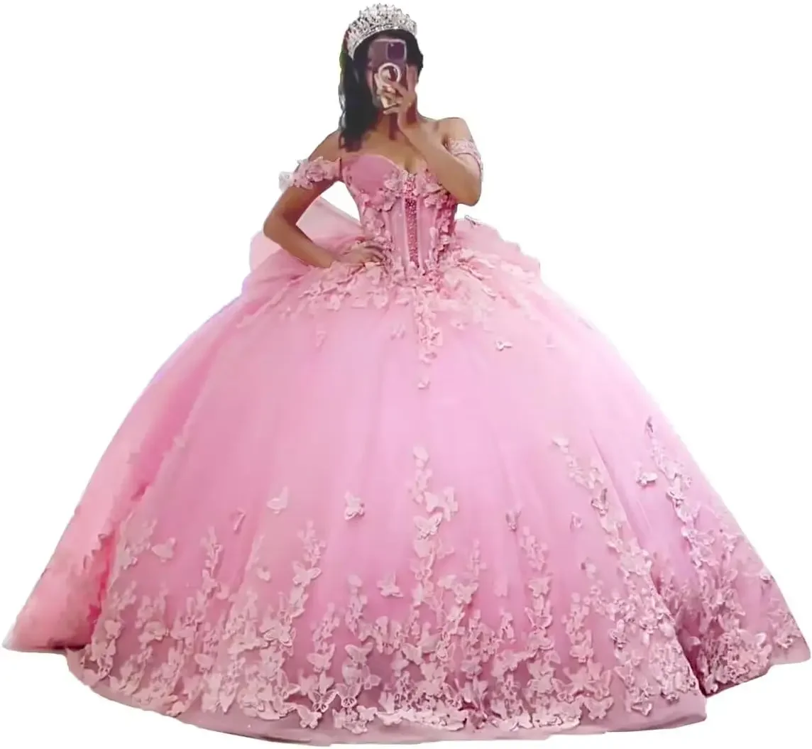 

3D Butterfly Quinceanera Dresses Ball Gown Off Shoulder Sweet 15 16 Dresses Sparkly Tulle Beaded Party Gown party dress