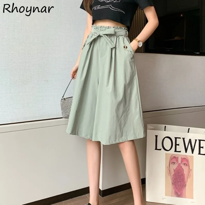 

Solid Shorts Women Summer College Simple Daily Leisure High Street Wide Leg Cozy Ulzzang Elastic Waist Pockets Fashion Slim Chic