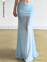 women blue transparent party long dress blue skirt lace lace up long skirts female cute kwaii oufits y2k